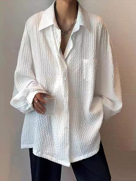 Plain Shirt Collar Casual Blouse, White, Blouses & Shirts