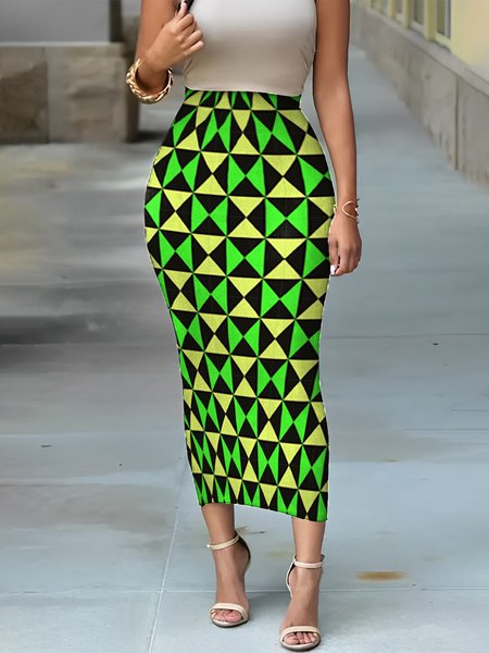 Urban Tight Geometric Mid Waist Skirt, Green, Skirts