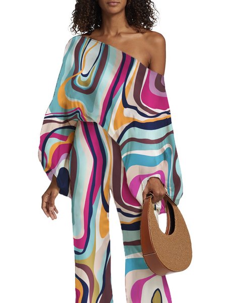 Cold Shoulder Elegant Abstract Graphic Shirt, Blue, Blouses and Shirts