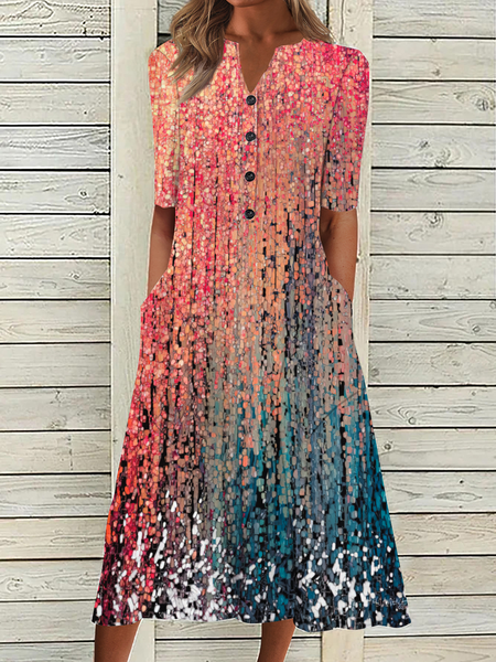 Knitted Loose Buttoned Casual Dress, Red, Dresses