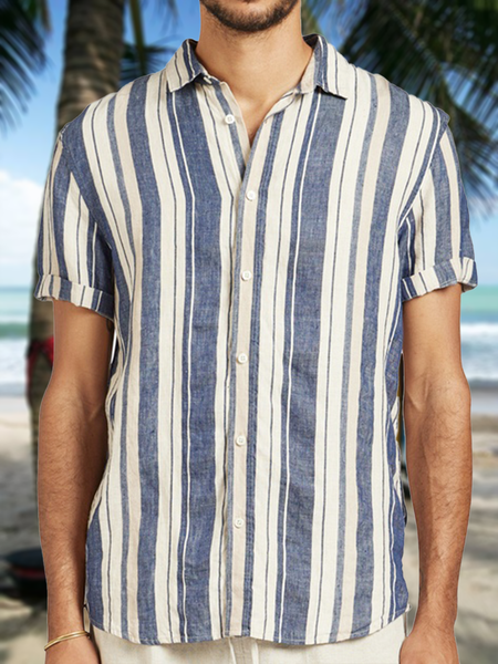 Striped Short Sleeve Casual Shirt, Grey-blue, Men Shirts