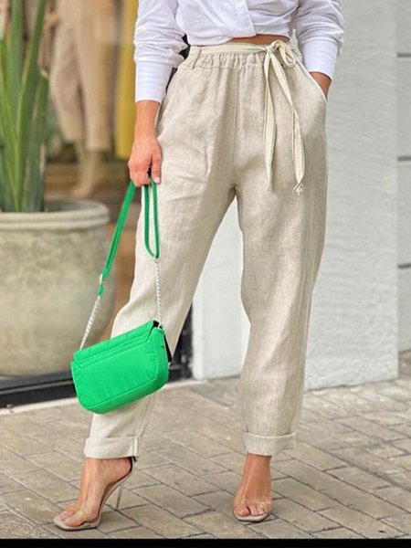 Plain Casual Loose Cotton Elastic Band Pants, Apricot, Pants