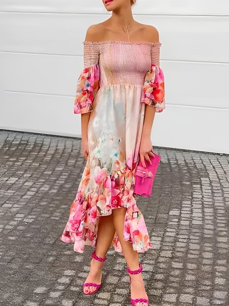 Cold Shoulder Vacation Regular Fit Floral Dress, Flower, Maxi Dresses