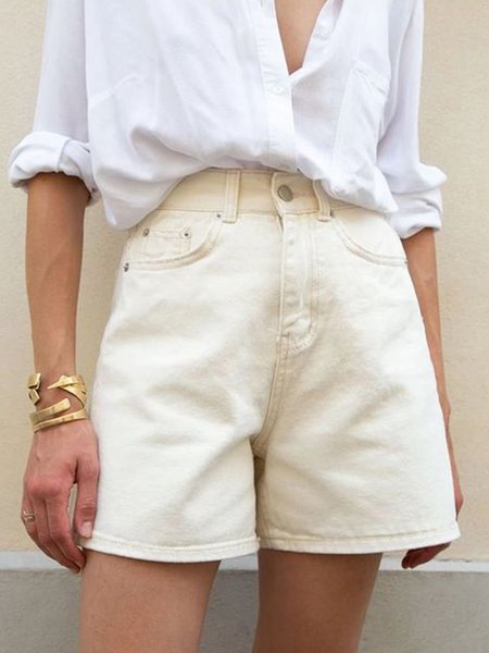 Casual Plain Regular Fit Denim Shorts, Apricot, Shorts