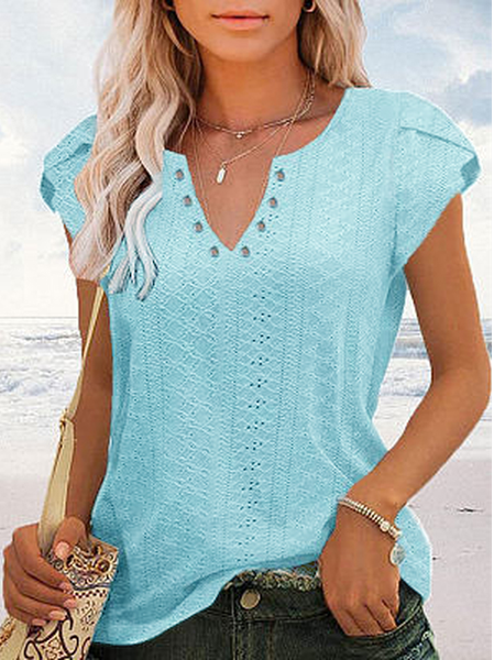 V Neck Vacation Plain Shirt, Light blue, Shirts & Blouses
