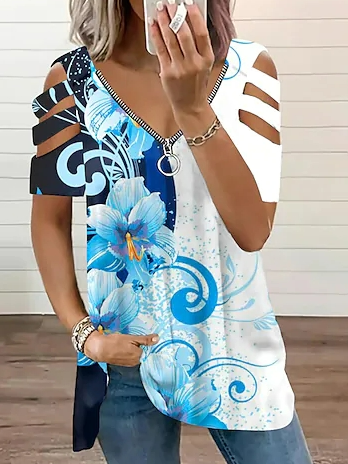 Butterfly V Neck Casual Loose Shirt, White, Shirts & Blouses