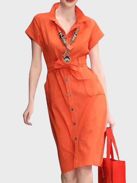 Regular Fit Elegant Short sleeve Shirt Collar Skirt Dress, Orange, Mini Dresses