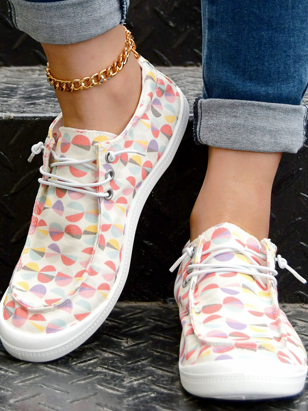 Polka Dots Graphic-Print Lace-Up Canvas Flats, As picture, Sneakers