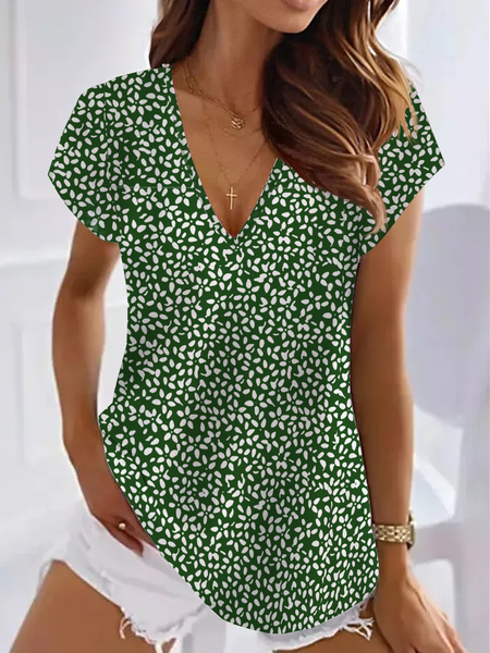 Casual Loose Knitted V Neck T-Shirt, Green, T-Shirts