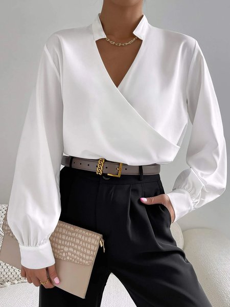 Daily Cross Neck Regular Fit Elegant Blouse, White, Blouses and Shirts