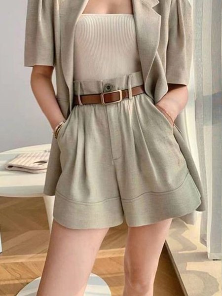 Plain Casual Regular Fit No Elasticity Shorts, Apricot, Shorts