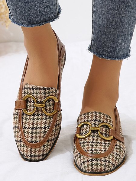 Metal Decor Houndstooth Slip On Loafers, Brown, Heels