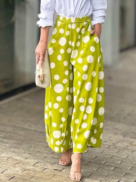 Urban Polka Dots Fashion Wide Leg Pants, Green, Pants