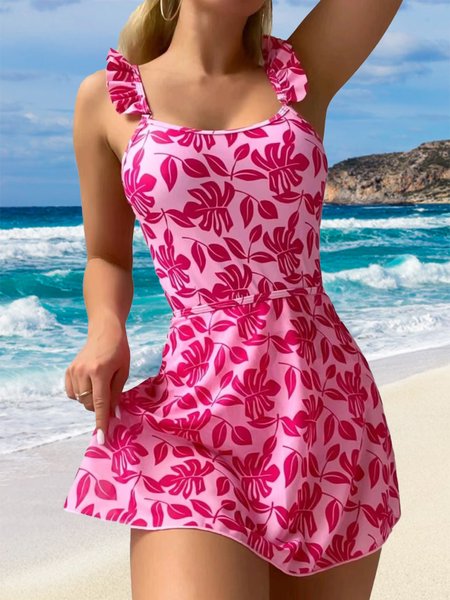 Sexy Floral Printing Scoop Neck Swim Dress, Deep pink, swimwear>>Tankinis