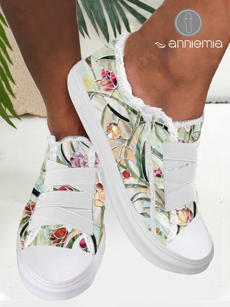 Comfortable Lightweight Soft Sole Floral Adjustable Stretch Strap Canvas Shoes, As picture, Sneakers