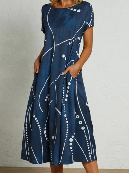 Crew Neck Casual Geometric Loose Dress, Dark blue, Dresses