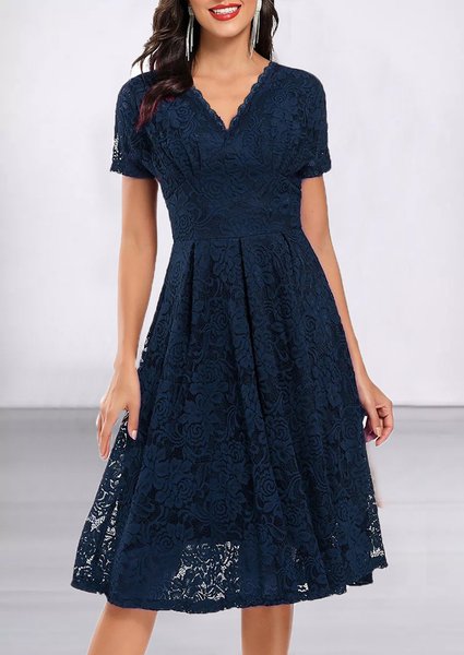 Elegant Lace Regular Fit V Neck Dress, Dark blue, Formal Dresses