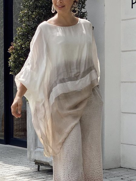 Casual Crew Neck Loose Ombre Shirt, White, Blouses and Shirts