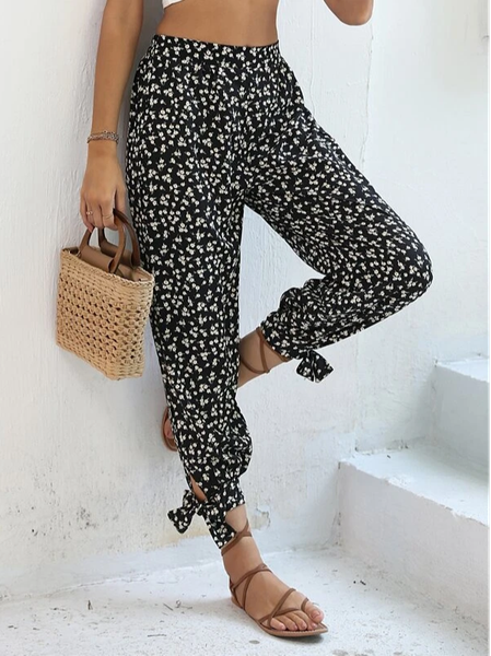 Floral Loose Vacation Pants, Black, Pants