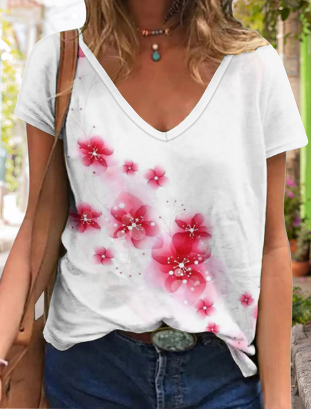 Women's Loose Floral Simple T-Shirt, Pink, T-shirts
