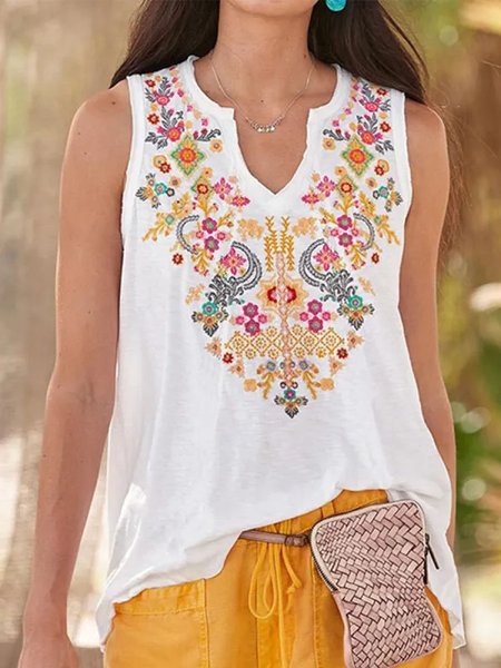 Loose Notched Casual Ethnic Tank Top, White, Tanks & Camis