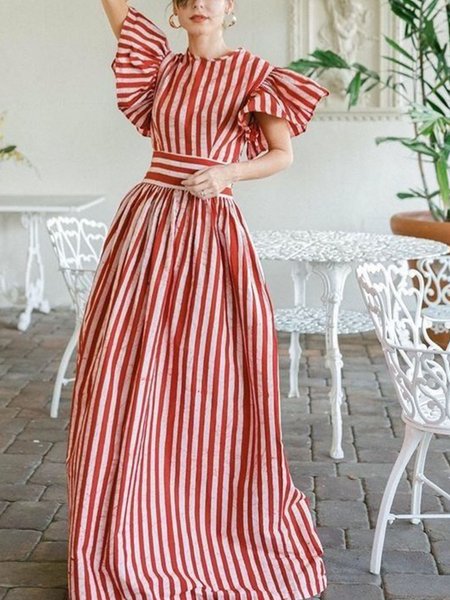 Vacation Loose Crew Neck Striped Short Sleeve Maxi Dress, Red, Maxi Dresses