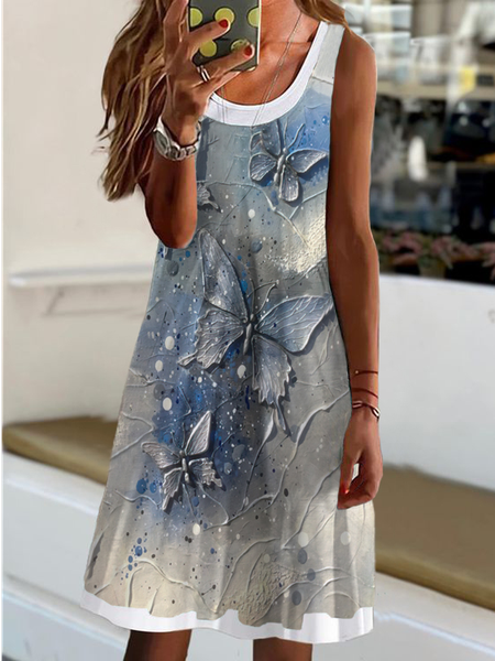 Crew Neck Regular Fit Casual Dress, Blue, Dresses