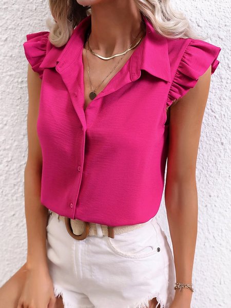 Plain Regular Fit Shirt Collar Elegant Blouse, Rose red, Blouses and Shirts