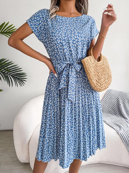 Casual Sash Disty Floral Dress, Blue, Dresses
