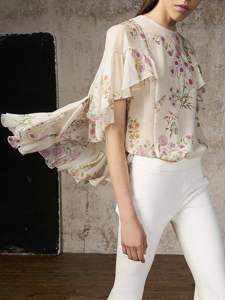 Daily Crew Neck Ruffled Sleeves Elegant Shirt, Apricot, Blouses and Shirts