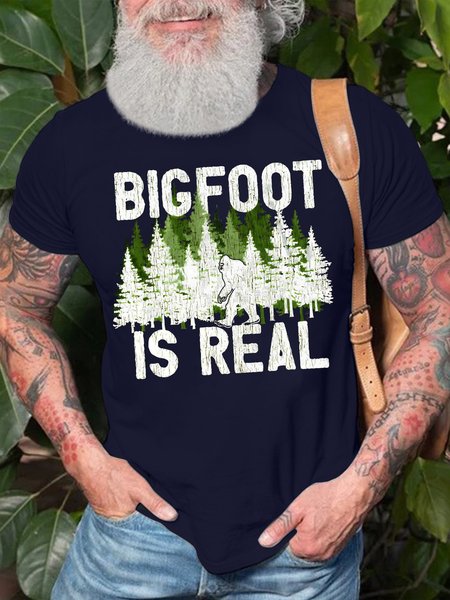 Men's Bigfoot Is Real Funny Graphic Printing Cotton Casual Text Letters Loose T-Shirt, Purplish blue, T-shirts