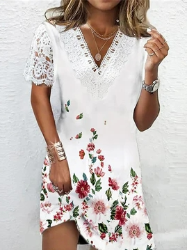 Vacation V Neck Loose Floral Dress, White, Dresses