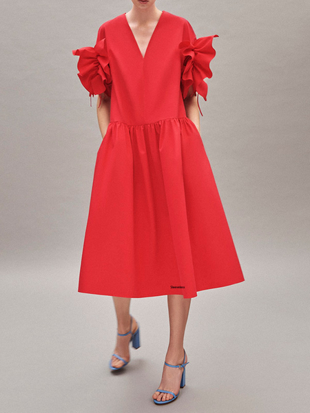 Urban Plain V Neck Short sleeve Loose Midi Dress, Red, Midi Dresses