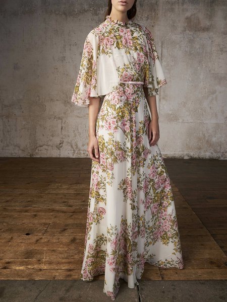 Half sleeve Daily Elegant Floral Crew Neck Dress, White, Maxi Dresses