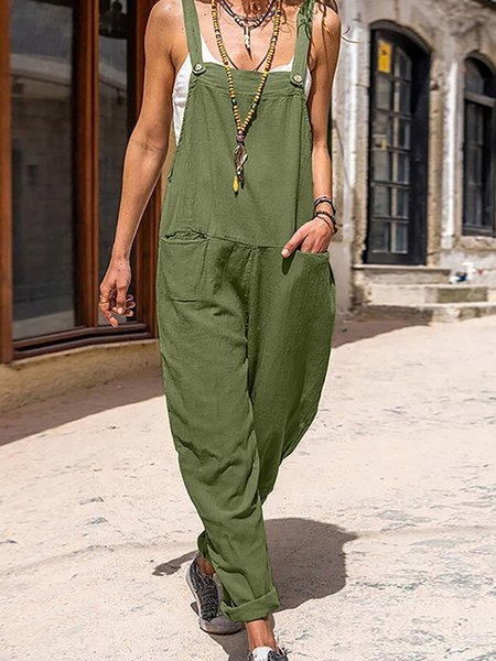 Square Neck Casual Plain Jumpsuit, Green, Jumpsuits&Rompers