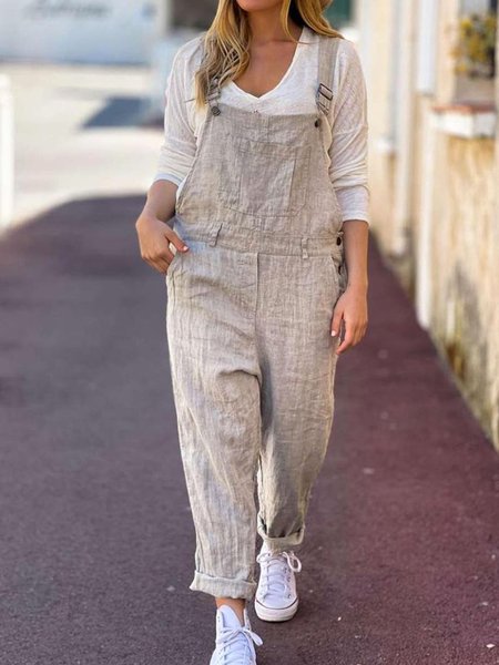 Casual Square Neck Linen Loose Jumpsuit, Gray, Jumpsuits & Rompers