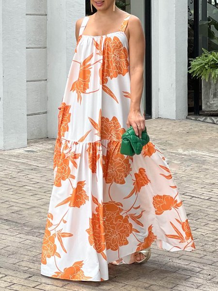 Square Neck Loose Vacation Floral Dress, Orange, Maxi Dresses