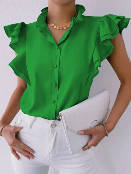 

Urban Plain Shirt Collar Flouncing Blouse, Green, Blouses and Shirts