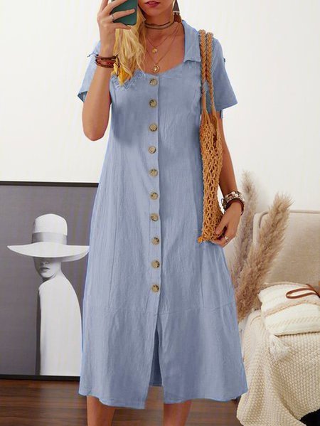 JFN Linen Summer Buttoned Solid Maxi Shirt Dress, Blue, Basic Dresses