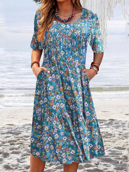 Loose Crew Neck Vacation Floral Dress, Blue, Dresses