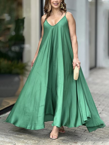 Vacation Plain Spaghetti Sleeveless Maxi Dress, Green, Maxi Dresses