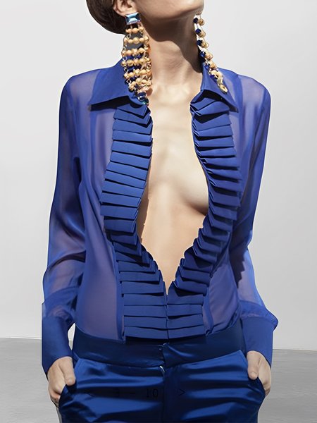Shirt Collar Urban Pleated Plain Blouse, Blue, Blouses and Shirts
