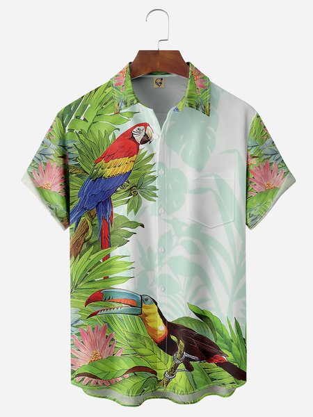 Parrots Chest Pocket Short Sleeve Hawaiian Shirt, Green, Men Shirts