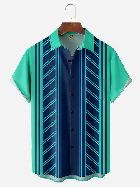 Gradient Color Block Chest Pocket Short Sleeve Bowling Shirt, Green, Men Shirts