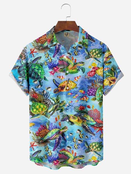 Sea Turtle Chest Pocket Short Sleeve Hawaiian Shirt, Blue, Men Shirts
