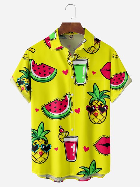 Fruits Party Chest Pocket Short Sleeve Hawaiian Shirt, Yellow, Men Shirts