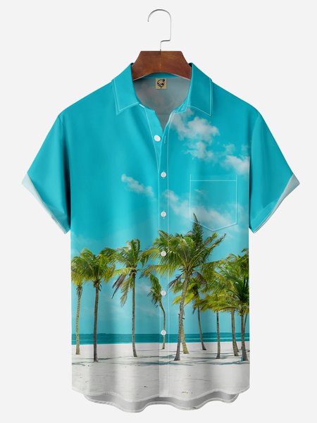 Palm Leaf Chest Pocket Short Sleeve Hawaiian Shirt, Blue, Men Shirts