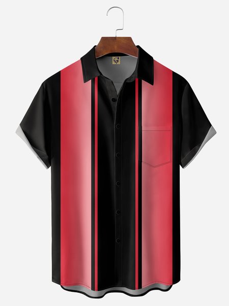 Gradient Color Block Chest Pocket Short Sleeve Bowling Shirt, Black, Men Shirts