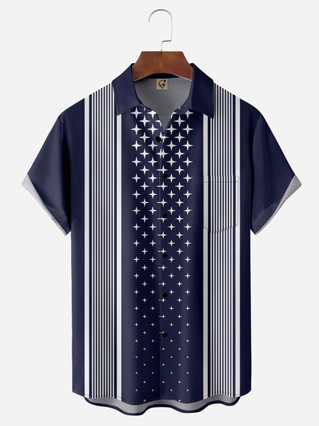 Striped Chest Pocket Short Sleeve Bowling Shirt, Navyblue, Men Shirts