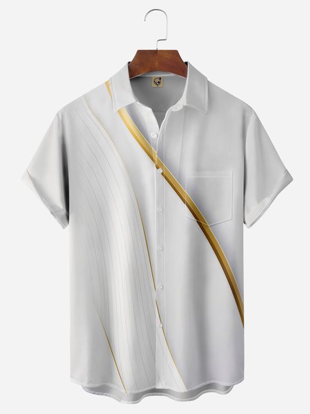 Metal Striped Chest Pocket Short Sleeve Casual Shirt, White, Men Shirts